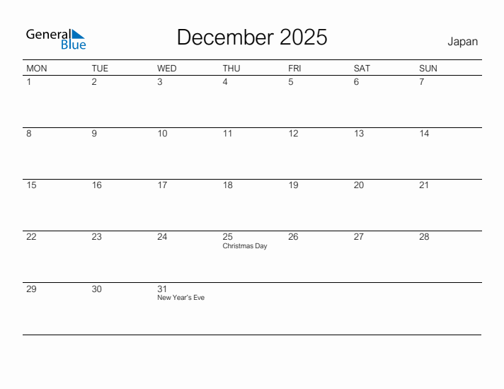 Printable December 2025 Calendar for Japan