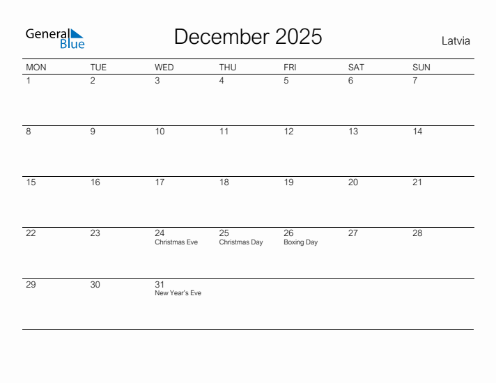 Printable December 2025 Calendar for Latvia