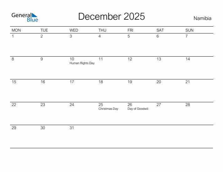 Printable December 2025 Calendar for Namibia