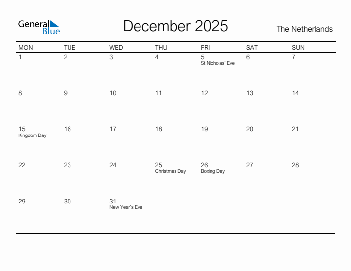 Printable December 2025 Calendar for The Netherlands