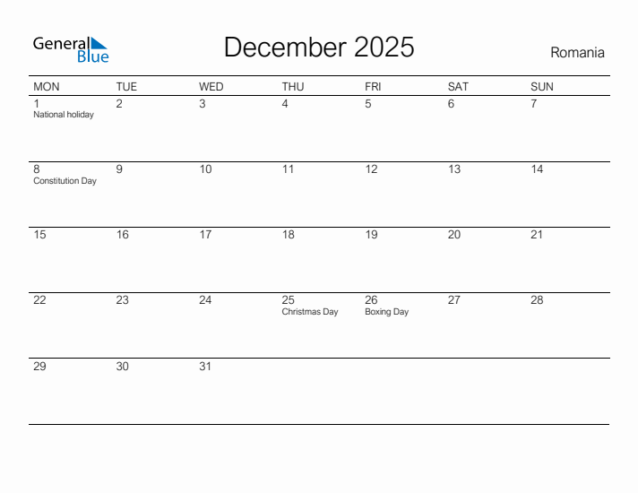 Printable December 2025 Calendar for Romania