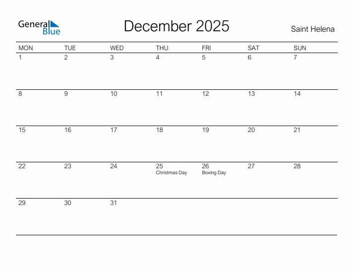 Printable December 2025 Calendar for Saint Helena