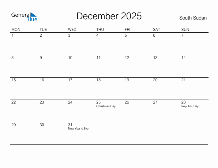 Printable December 2025 Calendar for South Sudan