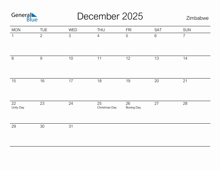 Printable December 2025 Calendar for Zimbabwe