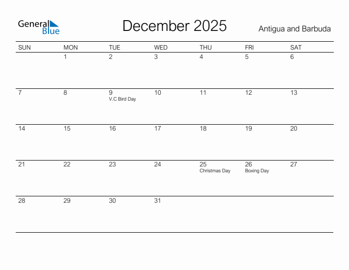 Printable December 2025 Calendar for Antigua and Barbuda