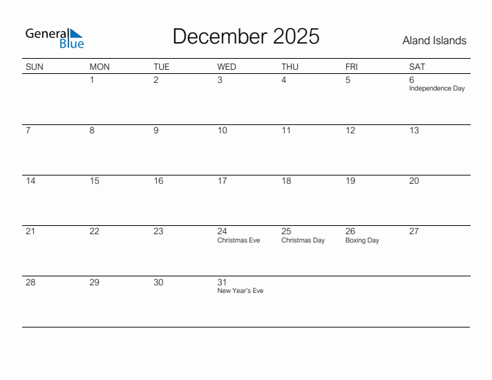 Printable December 2025 Calendar for Aland Islands