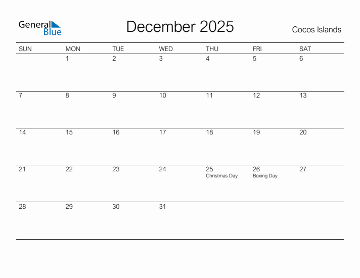 Printable December 2025 Calendar for Cocos Islands