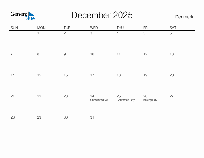 Printable December 2025 Calendar for Denmark