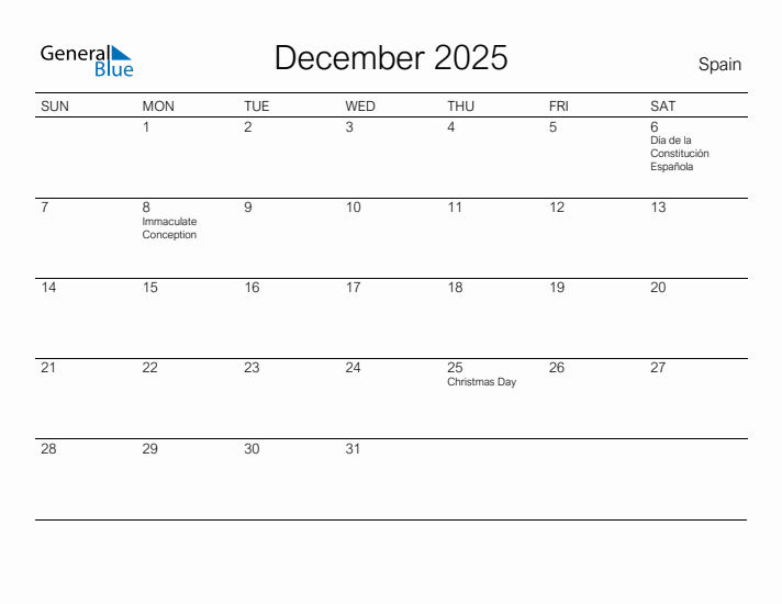 Printable December 2025 Calendar for Spain