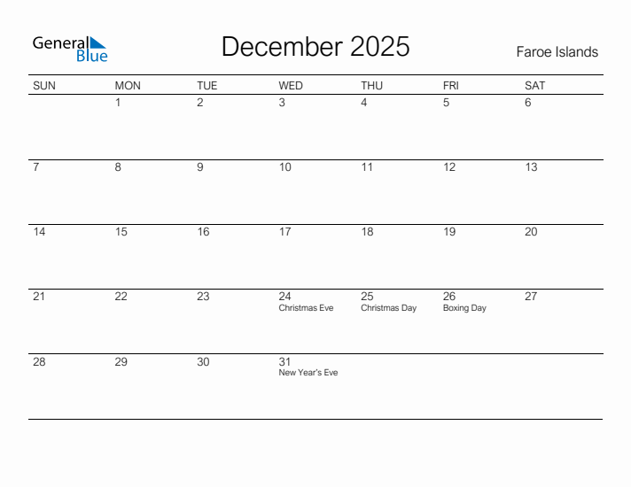 Printable December 2025 Calendar for Faroe Islands