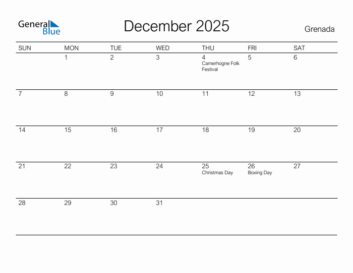 Printable December 2025 Calendar for Grenada