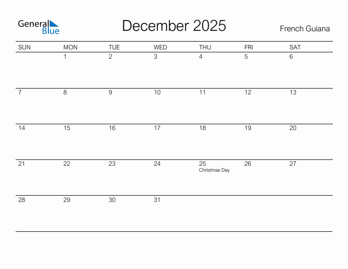 Printable December 2025 Calendar for French Guiana