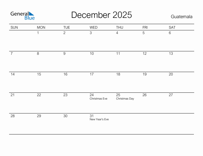 Printable December 2025 Calendar for Guatemala