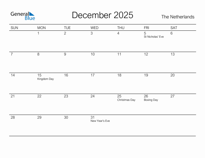 Printable December 2025 Calendar for The Netherlands