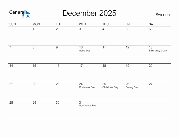 Printable December 2025 Calendar for Sweden