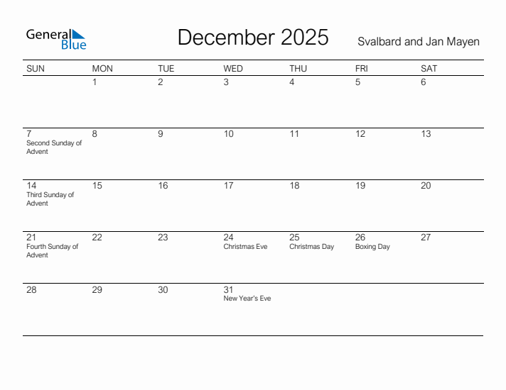 Printable December 2025 Calendar for Svalbard and Jan Mayen