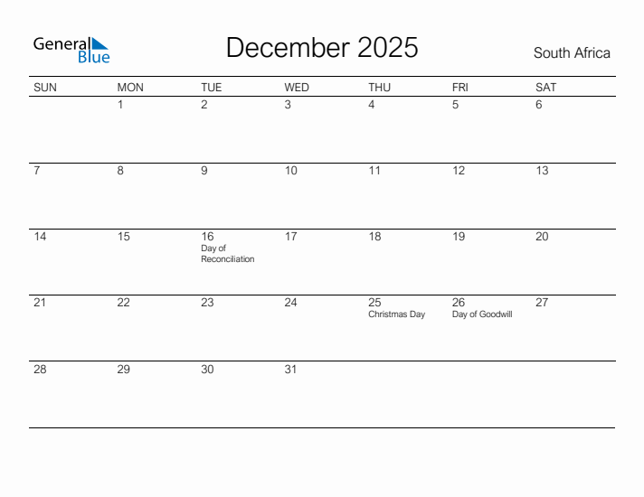 Printable December 2025 Calendar for South Africa