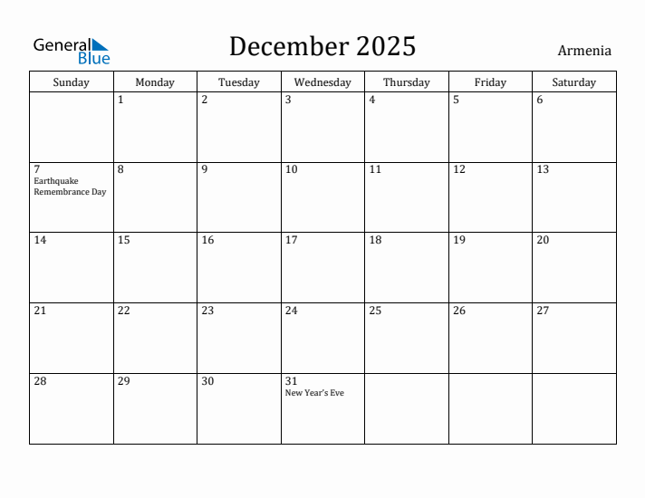 December 2025 Calendar Armenia