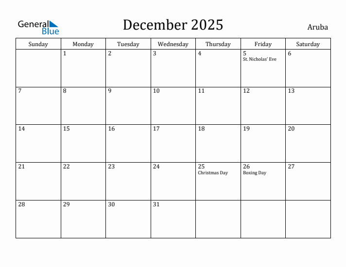 December 2025 Calendar Aruba