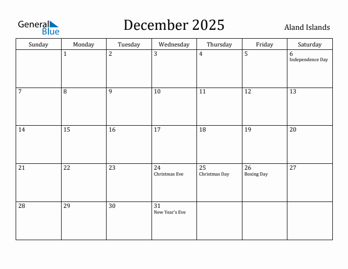 December 2025 Calendar Aland Islands