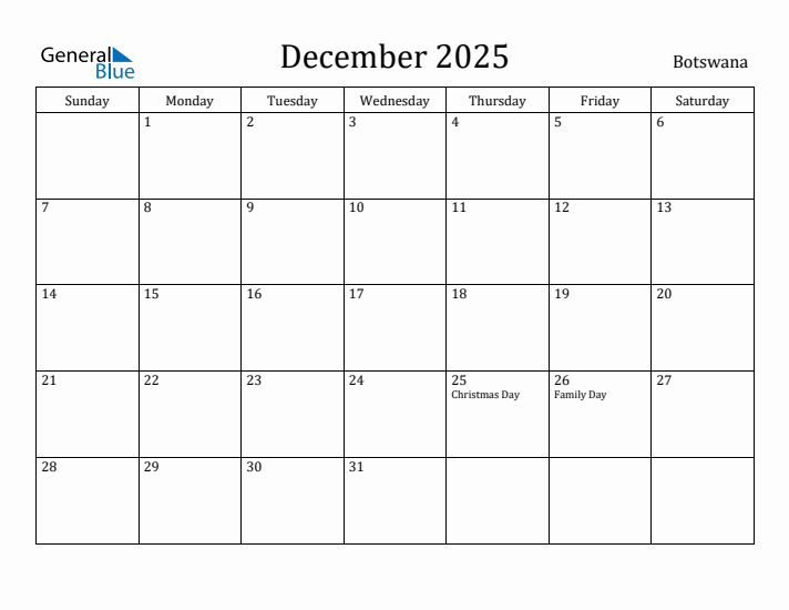 December 2025 Calendar Botswana