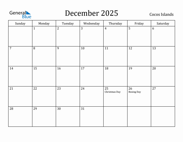 December 2025 Calendar Cocos Islands