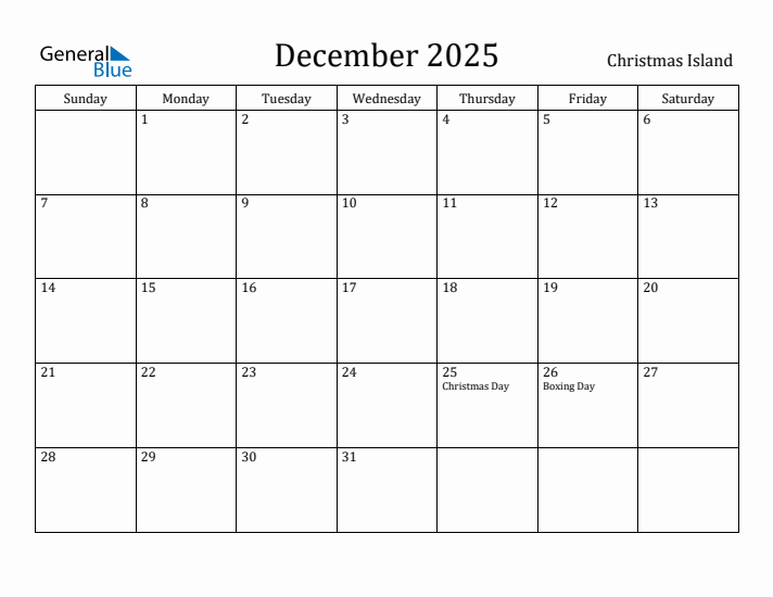 December 2025 Calendar Christmas Island