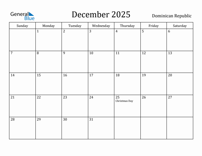 December 2025 Calendar Dominican Republic