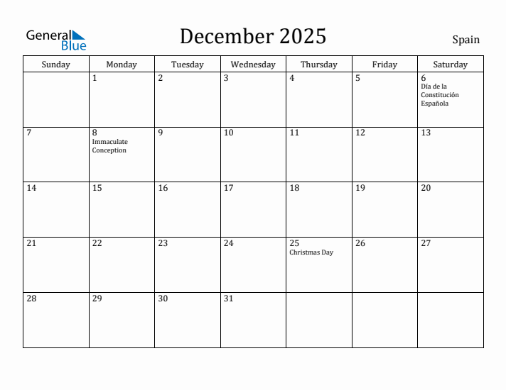 December 2025 Calendar Spain