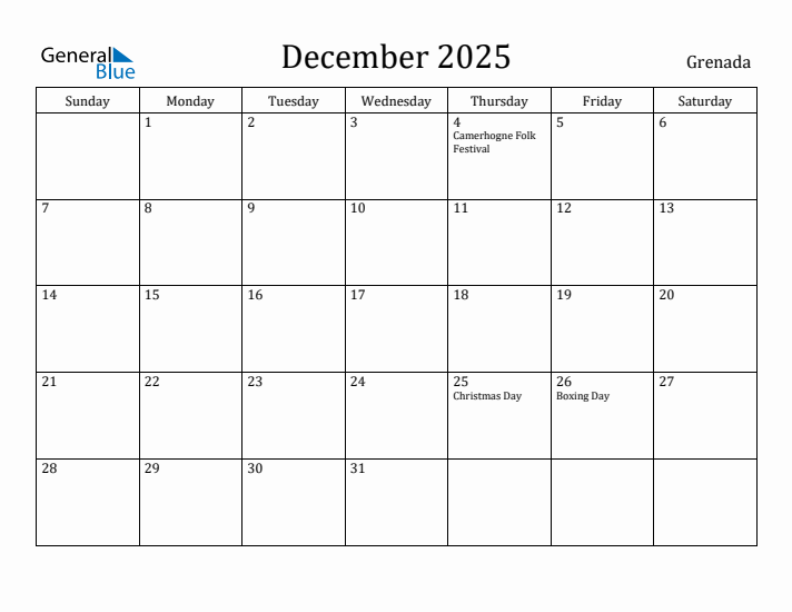 December 2025 Calendar Grenada