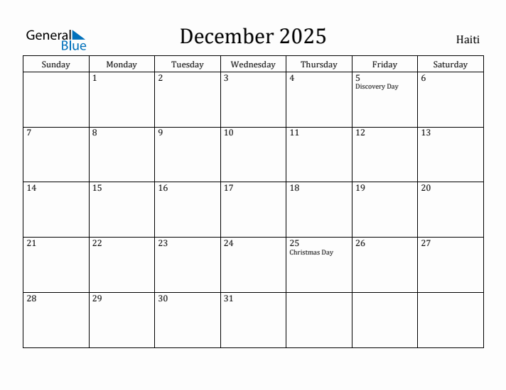 December 2025 Calendar Haiti