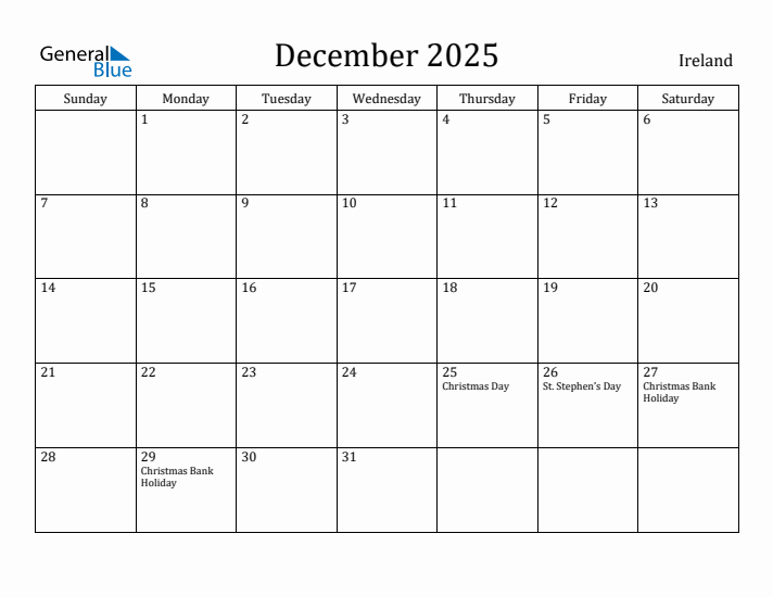 December 2025 Calendar Ireland