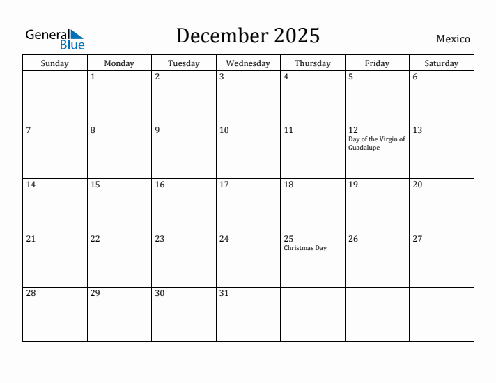 December 2025 Calendar Mexico