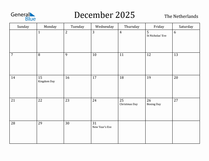 December 2025 Calendar The Netherlands