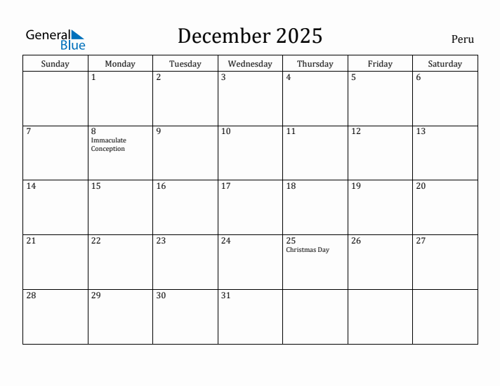 December 2025 Calendar Peru