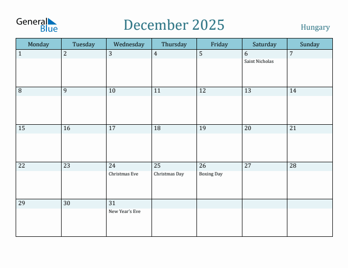 December 2025 Calendar with Holidays