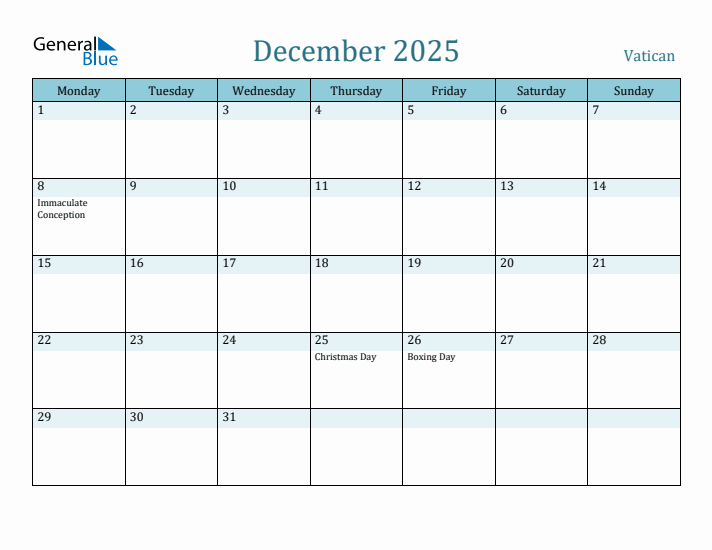 December 2025 Calendar with Holidays