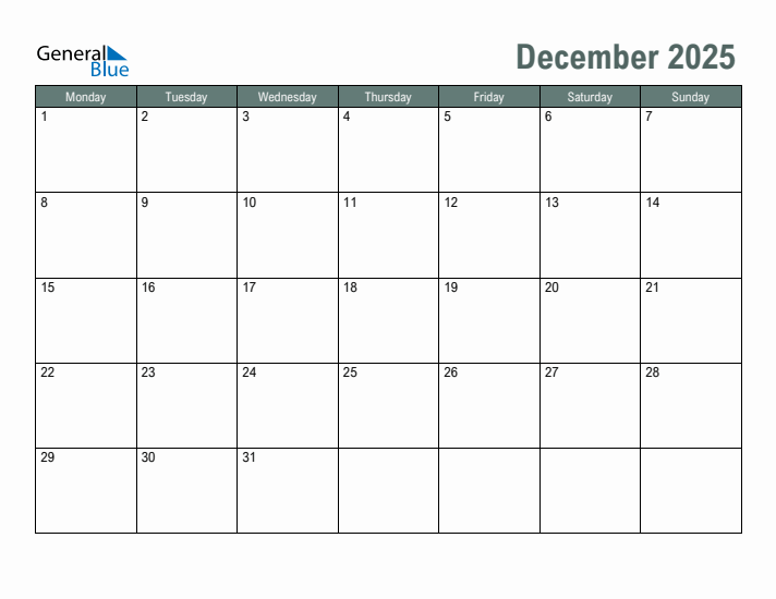 Free Printable December 2025 Calendar