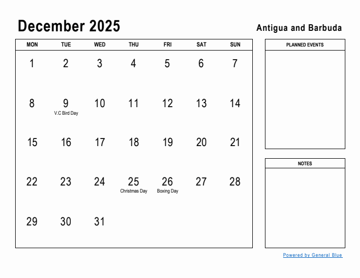 December 2025 Printable Monthly Calendar with Antigua and Barbuda Holidays