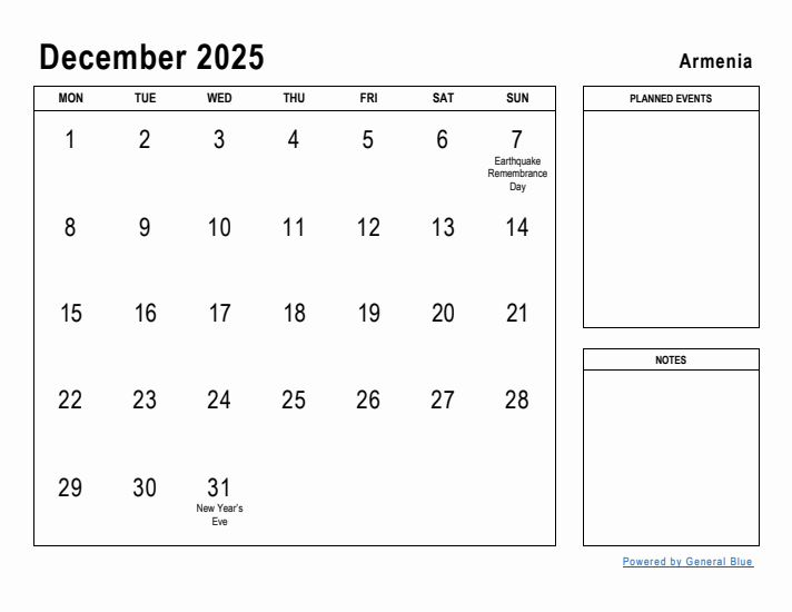 December 2025 Printable Monthly Calendar with Armenia Holidays