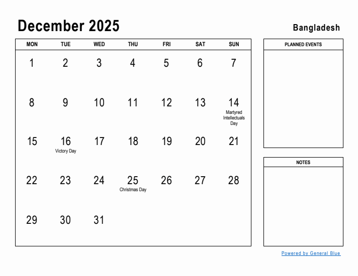 December 2025 Printable Monthly Calendar with Bangladesh Holidays