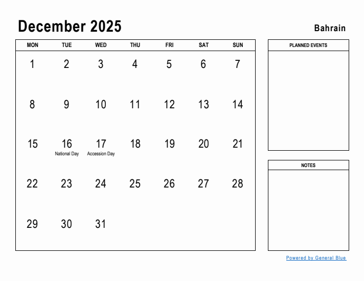 December 2025 Printable Monthly Calendar with Bahrain Holidays