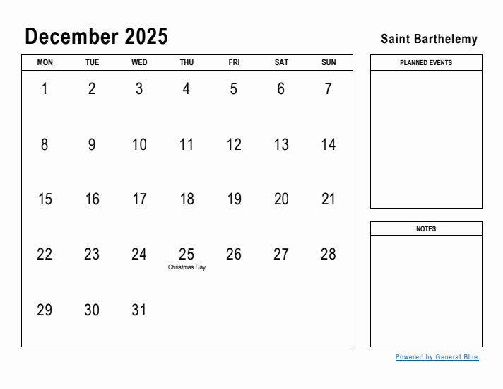 December 2025 Printable Monthly Calendar with Saint Barthelemy Holidays