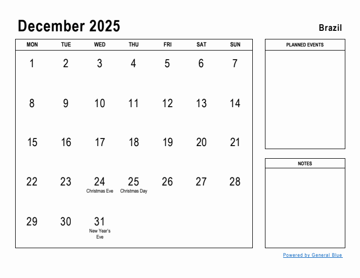 December 2025 Printable Monthly Calendar with Brazil Holidays