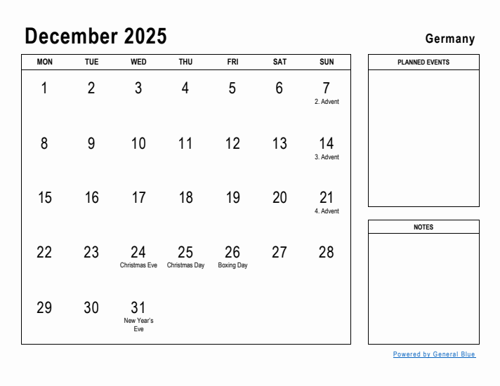 December 2025 Printable Monthly Calendar with Germany Holidays