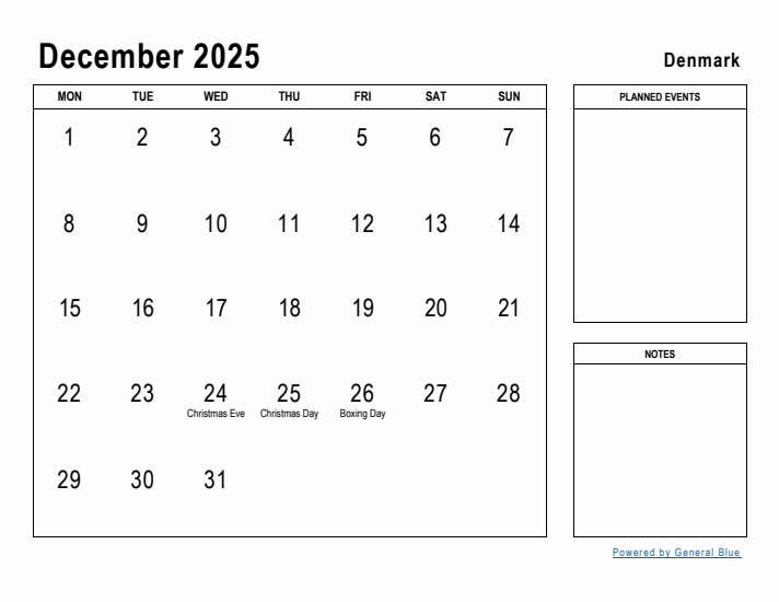 December 2025 Printable Monthly Calendar with Denmark Holidays