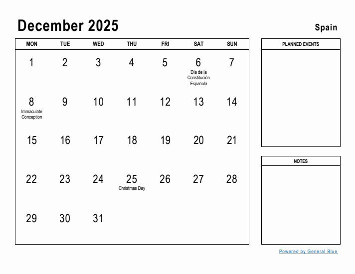 December 2025 Printable Monthly Calendar with Spain Holidays