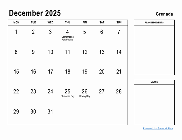 December 2025 Printable Monthly Calendar with Grenada Holidays