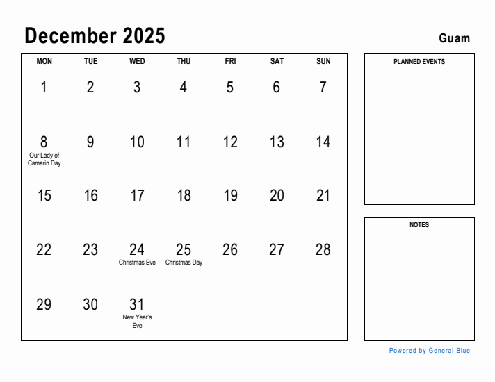 December 2025 Printable Monthly Calendar with Guam Holidays