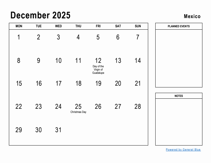 December 2025 Printable Monthly Calendar with Mexico Holidays